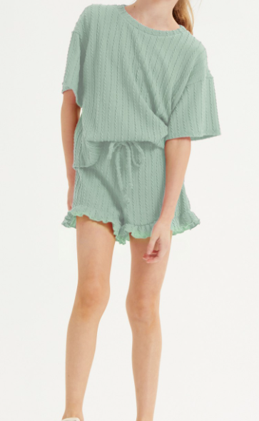 Embossed Ribbed Knit Ruffle Set in Mint
