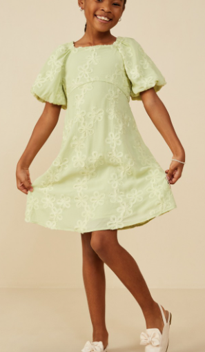Girls Floral Embroidered Puff Sleeve Dress in Sage