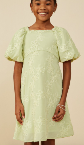 Girls Floral Embroidered Puff Sleeve Dress in Sage
