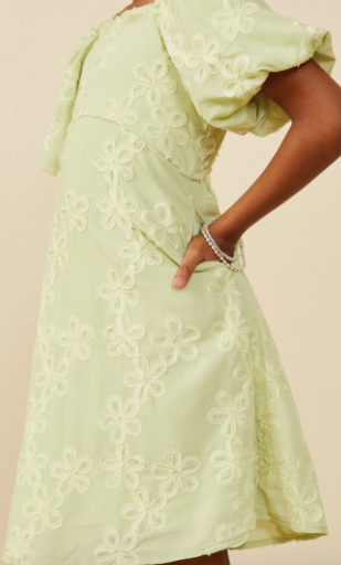 Girls Floral Embroidered Puff Sleeve Dress in Sage