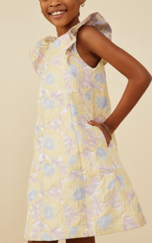 Girls Floral Jacquard Ruffled Shoulder Dress in light yellow