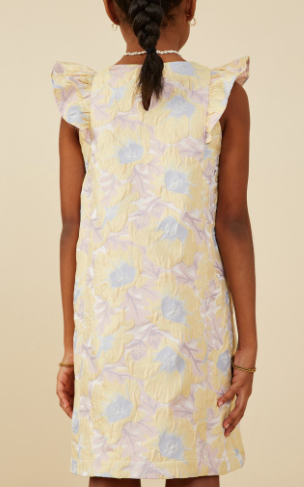 Girls Floral Jacquard Ruffled Shoulder Dress in light yellow