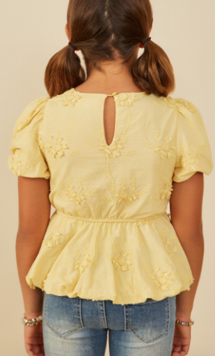 Girls Crochet Floral Eyelet Bubble Peplum Top in yellow