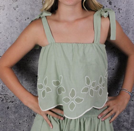 Green Printed Leave Detail Scallop Top