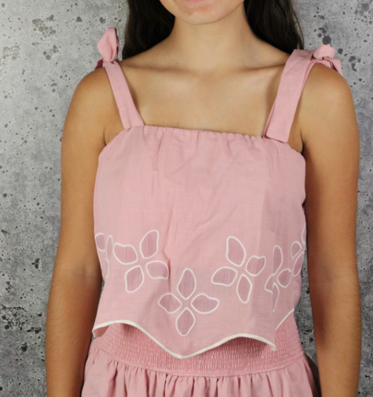 Pink Printed Leave Detail Scallop Top