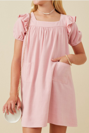 Girls Patch Pocket Square Neck Ruffled Dress