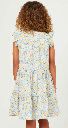 Girls Floral Print Ruffle Sleeve Tiered Dress in Blue