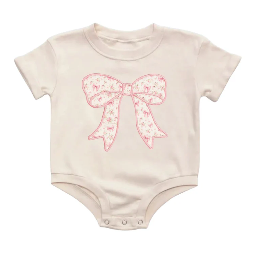 Ditsy Floral Bow Patch Short Sleeve Romper - Natural