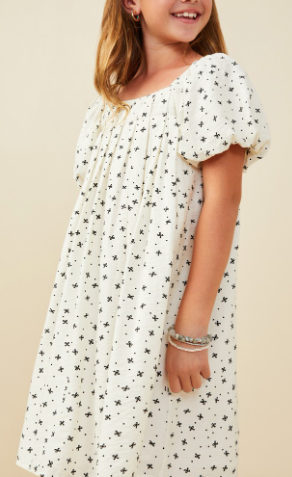 Girls Ditsy Bow Box Pleated Puff Sleeve Dress