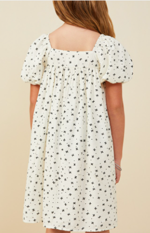 Girls Ditsy Bow Box Pleated Puff Sleeve Dress