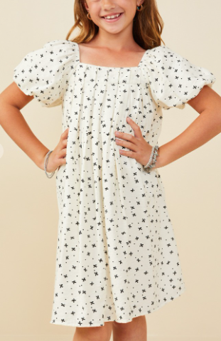 Girls Ditsy Bow Box Pleated Puff Sleeve Dress