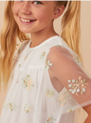 Girls Floral Embroidered Mesh Midi Dress