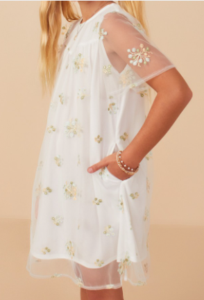 Girls Floral Embroidered Mesh Midi Dress