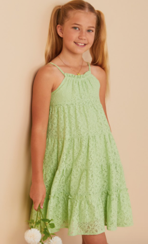 Girls Floral Crochet Lace Tiered Tank Dress in Mint