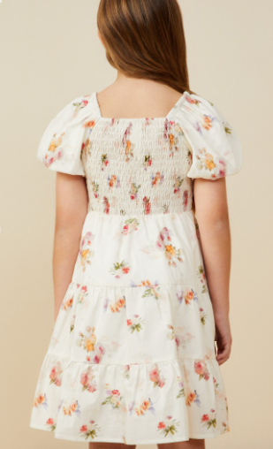 Girls Bow Detailed Smocked Textured Floral Dress