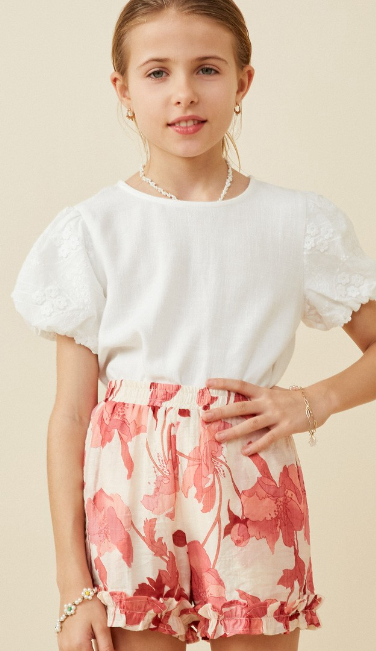 Girls Textured Floral Print Ruffle Detailed Shorts