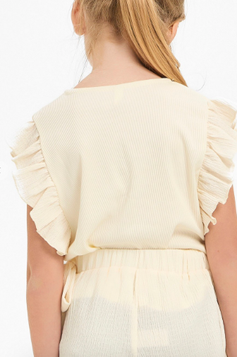 Kids Ruffle Sleeves Ribbed Knit Top in Cream