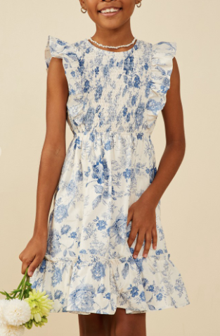Girls Antique Floral Smock And Ruffle Dress