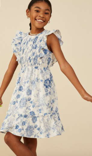 Girls Antique Floral Smock And Ruffle Dress