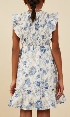 Girls Antique Floral Smock And Ruffle Dress