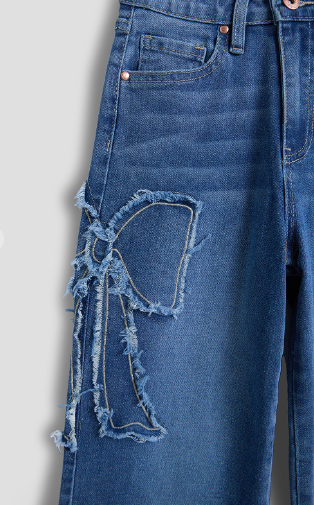 Girls Wide Leg Bow Patchwork Jeans