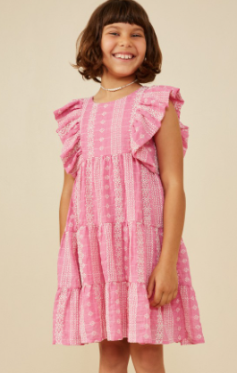 Girls Embroidered Ruffled Sleeveless Dress in Pink