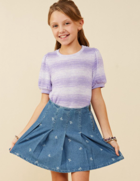 Girls Bow Printed Pleated Denim Skirt