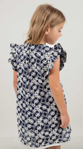 Embroidered Ruffle Sleeve Self Tie Ribbon Dress in Navy