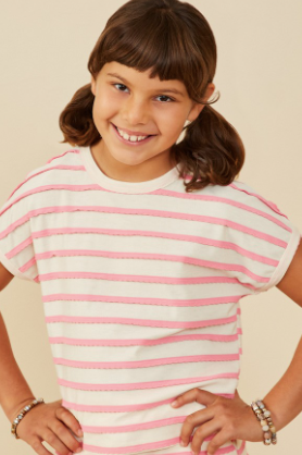 Girls Ruffle Textured Stripe Knit Dolman Top in Pink
