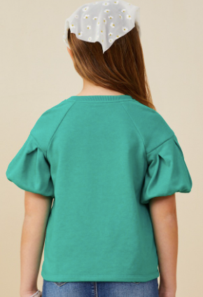 Girls Box Pleat Puff Sleeve French Terry Top in Kelly Green