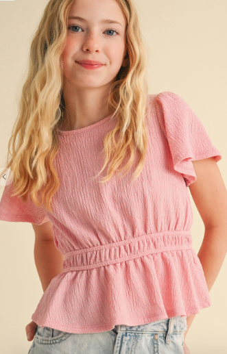 Round Neck Flutter Slv Peplum Top W/juliette Waist in pink