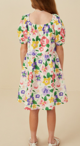 Girls Floral Print Buttoned Square Neck Dress