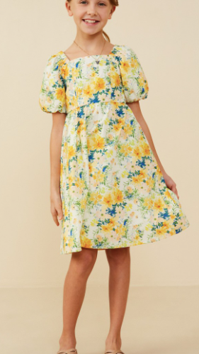 Girls Garden Floral Print Puff Sleeve Dress