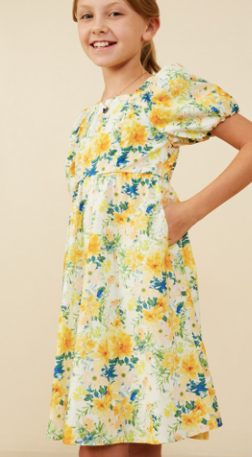 Girls Garden Floral Print Puff Sleeve Dress