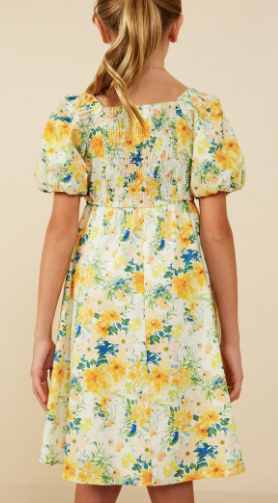 Girls Garden Floral Print Puff Sleeve Dress