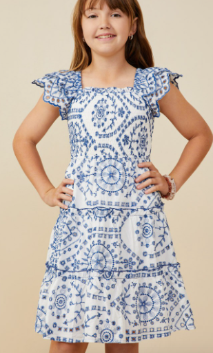 Girls Eyelet Embroidered Scalloped Ruffle Dress