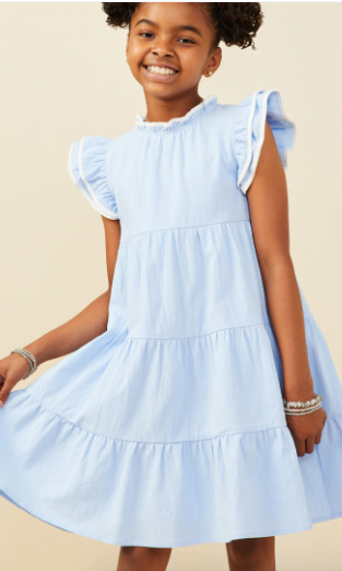 Girls Contrast Piped Ruffle Detail Dress in Blue