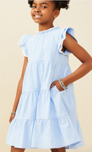 Girls Contrast Piped Ruffle Detail Dress in Blue