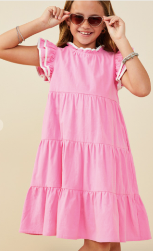 Girls Contrast Piped Ruffle Detail Dress in Bublegum Pink