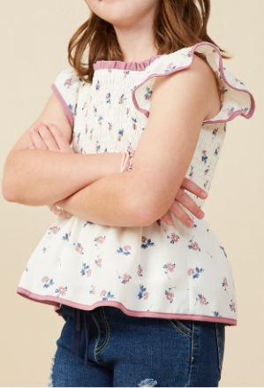 Girls Contrast Piped Smocked Ditsy Floral Top