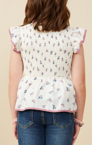 Girls Contrast Piped Smocked Ditsy Floral Top