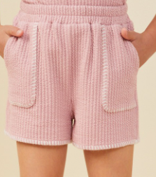 Girls Contrast Stitch Patch Pocket Rib Knit Shorts in Pink