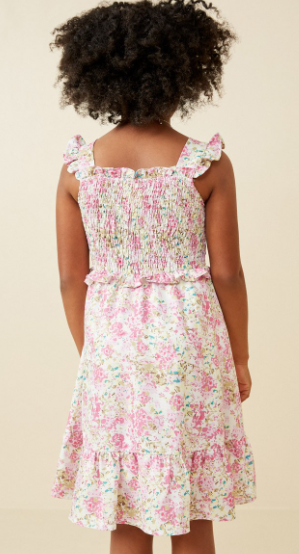 Girls Floral Print Ruffled Smocked Flutter Tank Dress