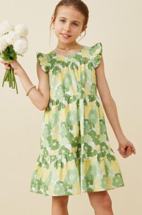 Girls Large Floral Print Ruffled Tank Dress in Green