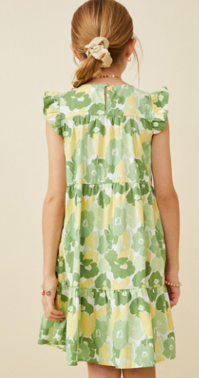 Girls Large Floral Print Ruffled Tank Dress in Green