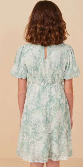 Girls Floral Textured Printed Mesh Puff Sleeve Dress