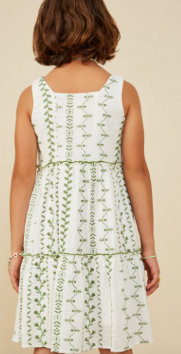Girls Botanical Embroidered Ruffle Tiered Tank Dress in Green