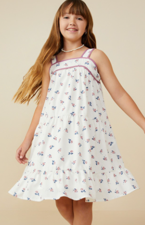 Girls Contrast Piped Ditsy Floral Tank Dress