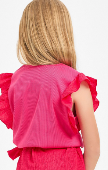 Kids Ruffle Sleeves Ribbed Knit Top in Pink