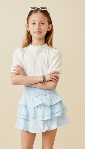 Girls Crochet Trimmed Smocked Layered Skirt in Light Blue